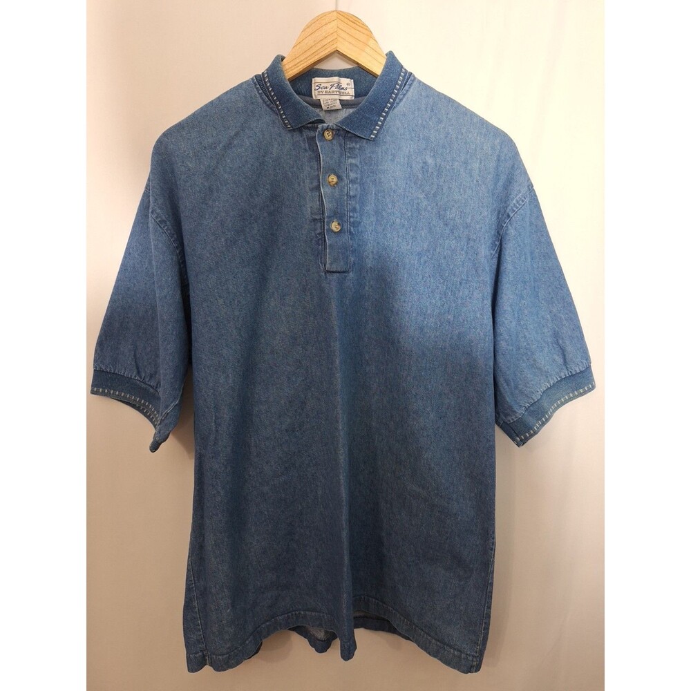Vintage Hartwell Men's Blue Denim Short Sleeve Polo Shirt Sz Large Cotton 90's